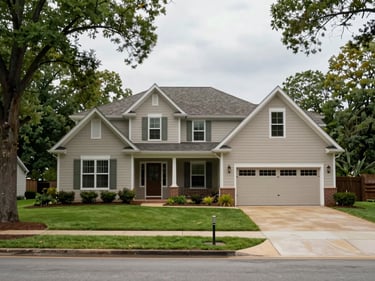 Wide environmental exterior shot of a well-maintained two-story craftsman home on a quiet residential street in Bentonville, AR — overcast morning light, green lawn, mature trees framing the facade, natural color, no filters