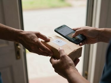 Tight close-up of hands passing a small package at a doorstep, phone visible in one hand showing a delivery confirmation screen, natural daylight from an open door