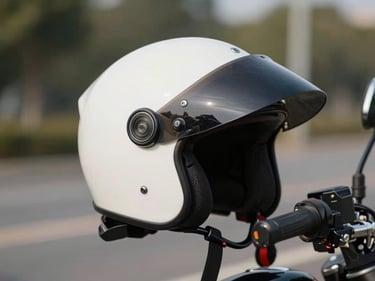 Close-up of a motorcycle helmet resting on a handlebar, natural daylight, shallow depth of field, utilitarian and clean