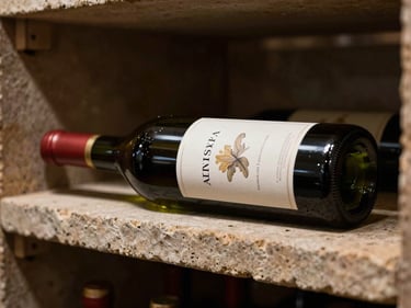 Close-up of a wine bottle with visible sediment resting on stone shelf in a cellar, low cellar light, no people, editorial tone