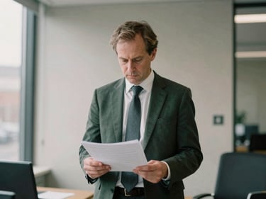 Unposed environmental portrait of a solicitor in a modern office, reviewing documents, soft British daylight, muted forest green and stone tones, 35mm film grain.