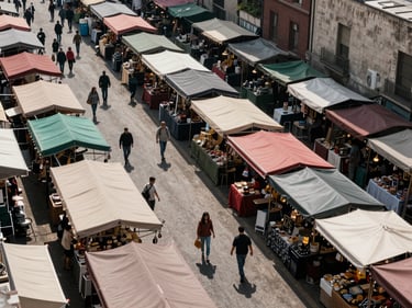Overhead angle of a dense market layout in a city street, rows of stalls with colourful awnings, pedestrians browsing, natural daylight casting short shadows