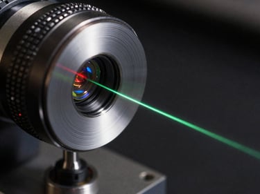 Extreme close-up of a laser beam reflecting off a precision-mounted optical surface, dark background simulating a laser path.