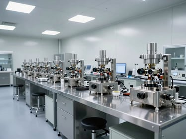 Wide sterile environmental shot of a clean-room assembly station, stainless steel fixtures and optical components under bright clinical lighting.