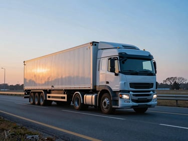 Wide environmental shot of a modern cargo truck on an open highway at dawn, cool blue tones with warm orange morning light, crisp daylight focus