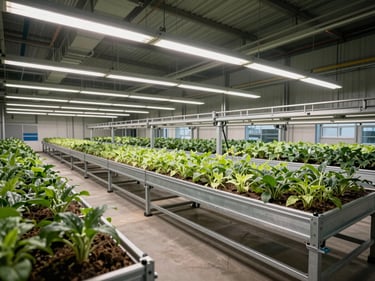 Wide environmental shot of a controlled aquaponic production hall in the Loire Valley, empty steel raceways under diffused overhead light