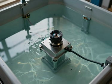 Overhead view of a closed-circuit aquaponic production tank, clear water surface reflecting diffused north light, Île-de-France region