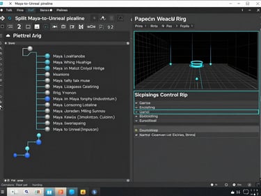 Split-screen Maya-to-Unreal pipeline view: left side Maya outliner with rig hierarchy nodes, right side Unreal Engine Control Rig panel, cyan UI accent lines, dark editor background, precise technical framing