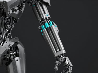 Mechanical mech suit arm joint breakdown, exploded view of hydraulic piston rig hierarchy, cyan accent light tracing metal joint axes, dark controlled geometry studio space, wireframe overlay