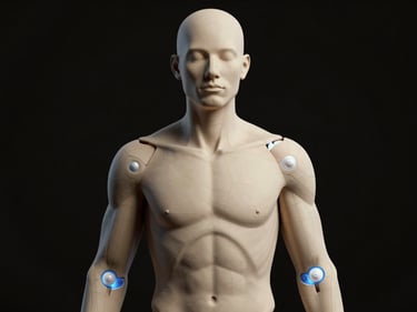 Front-facing human rig in T-pose, Unreal Engine material preview lighting, blue-white key light on joint hierarchy gizmos, topology edge loops visible on torso and shoulder mesh, deep black background