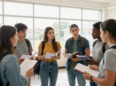 Group of diverse high school students in a circle discussing, holding notebooks, bright classroom with large windows