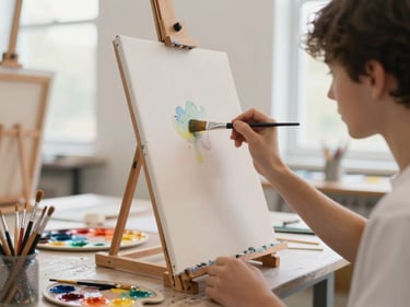 Student painting on a canvas in a sunlit art studio, paintbrushes and colorful palettes on the side, authentic setting