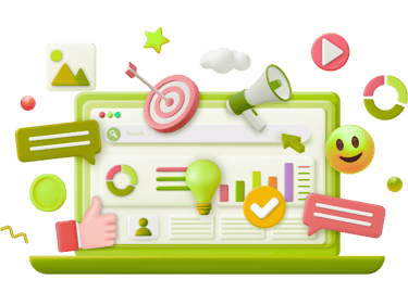 3D laptop showing website SEO results and analytics