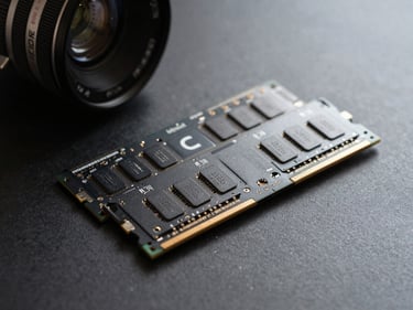 Close-up of DDR5 RAM modules and an NVMe SSD on a flat dark surface under controlled north-facing studio light, high-contrast shadows, SKU label visible on module