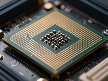 Macro close-up of a CPU socketed on a motherboard under studio strobe lighting, high contrast against dark background, precise pin-grid detail visible