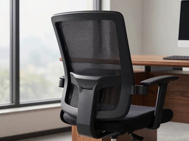 Detail shot of an executive office chair — dark charcoal mesh backrest and padded seat, lumbar adjustment mechanism visible, positioned at a wood desk, soft overcast daylight from a side window, no person seated, clean corporate setting