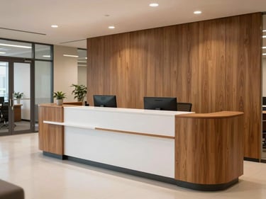 Wide environmental photograph of a corporate reception area — curved front desk in warm wood veneer with a matte white front panel, visitor chairs visible to the side, soft overhead light, real office entrance context with glass door in background