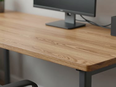 Close-up environmental shot of a clean wooden office desk surface with a monitor arm and tidy cable management, soft overcast daylight from the side, warm wood grain texture visible, matte metal leg detail in foreground, no people