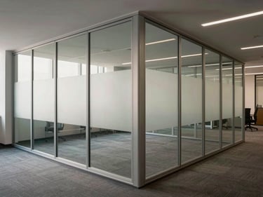 Wide shot of a glass and aluminium office partition dividing an open workspace into two distinct zones, soft diffused daylight filtering through the glass panels, warm-gray carpet floor, clean metal trim at the joins, no people, overcast natural light