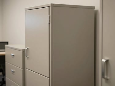 Detail shot of a row of office storage units — tall cabinet with closed door beside a low pedestal drawer unit, matte finish in warm grey-beige, metal handles visible, soft ambient office light, clean background wall