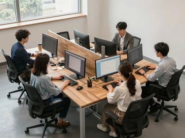 Wide shot of a four-person open-plan workstation cluster in a real office, warm wood tops with shared central divider panel, monitors and keyboards in use, diffuse natural window light, neutral grey floor, viewed slightly from above to show spatial layout
