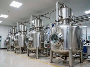 Architectural wide shot of a modern biopharmaceutical manufacturing facility, stainless steel bioreactors, clean clinical lighting