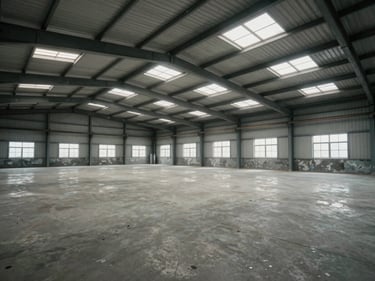 Interior of an empty industrial warehouse, concrete floor, high corrugated roof, natural light through skylights, neutral overcast tone, no people