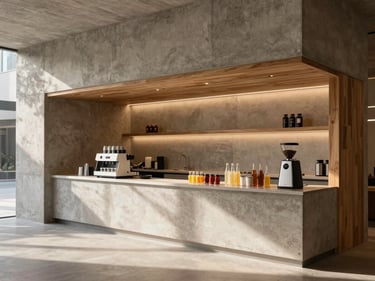 Sleek, minimalist smart drink and snack bar area, well-lit with ambient lighting, with architectural concrete and wood details.