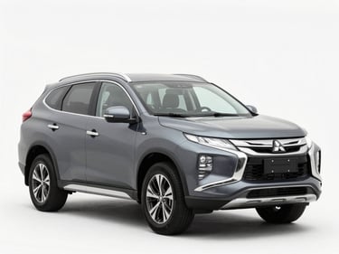Three-quarter portrait of a dark grey Mitsubishi SUV under bright overcast daylight, clean wheel arches and sharp focus on the front headlight, professional 50mm lens.