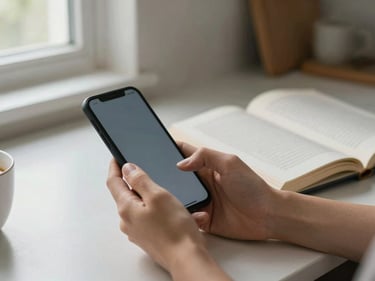 Hands holding a phone and an open book side by side on a kitchen table, soft window light from the left, a cup of coffee partially visible at the edge