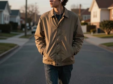 A person walking outdoors on a quiet residential street with earbuds in, one hand loosely in a jacket pocket, golden-hour light from the side, slightly wide environmental frame