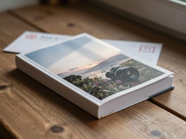 Close frame on a printed book resting on a wooden doorstep, a postcard lying beside it, soft north-facing daylight raking across the cover, paper texture visible