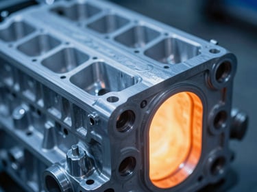 Close-up macro shot of a finished aluminum automotive engine casing, clean structural edges, industrial dramatic lighting, cool blue tones