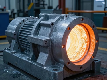 Heavy agricultural gearbox housing made of cast aluminum, textured sand-mold surface visible, dramatic factory floor lighting