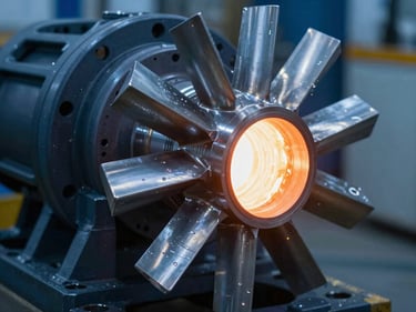 High-pressure industrial pump impeller casting, sharp aluminum blades, macro focus, high-contrast industrial lighting
