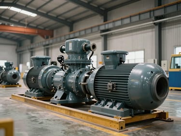 Wide shot showing scale of mechanical equipment installation inside a manufacturing facility, large pump and motor assembly being positioned, natural site lighting