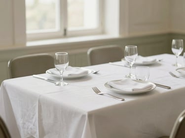 Elegant corporate luncheon table setting with clean white linens, soft natural light, minimalist aesthetic, 35mm