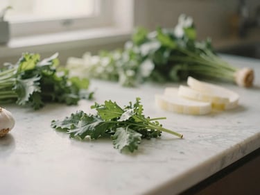 Close-up of fresh seasonal ingredients being prepped on a light marble counter, soft morning light, 35mm