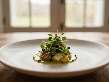 Artfully plated private dining dish, micro-greens, warm ambient window light, shallow depth of field, 35mm