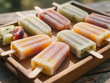 Assortment of vibrant, fruit-infused popsicles on a rustic wooden tray, melting slightly in warm sunlight, shallow depth of field.