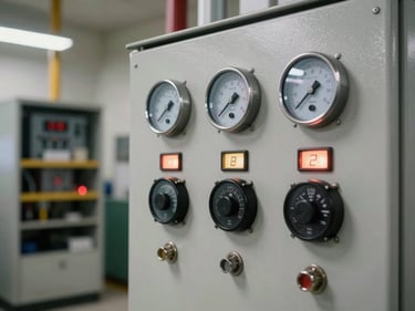 Close-up of a pump station control panel with digital flow meters and status indicators lit, institutional lighting, wide shot showing equipment racks in background