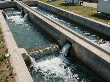 Overhead shot of a stormwater management facility with overflow channels, water rushing through concrete culverts, daylight, wide framing showing system capacity in context