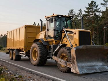 A massive low-boy trailer carrying a heavy bulldozer on a road through a Eastern European / Russian forest landscape, evening light.