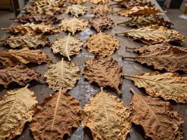 Tight overhead view of sorted unmanufactured tobacco leaves laid flat on a processing table, diffuse warehouse light, muted tan and brown tones, no people