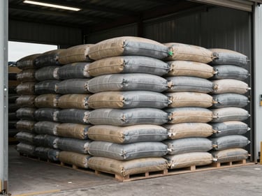 Wide shot of stacked compound animal feed bags on a loading dock, concrete floor, diffuse daylight from open bay door, muted gray and tan tones, no people