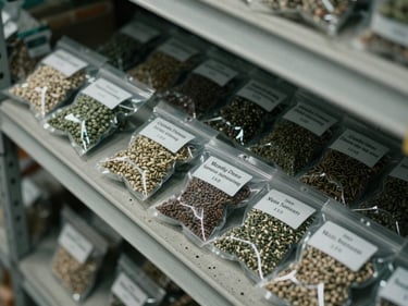 Overhead view of labeled seed packets arranged in rows on a concrete warehouse shelf, diffuse north-facing light, muted green and gray tones, no people