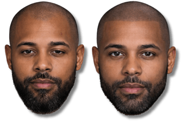 Before and after comparison of a man with a full beard and a man with a neatly trimmed beard, showcasing grooming