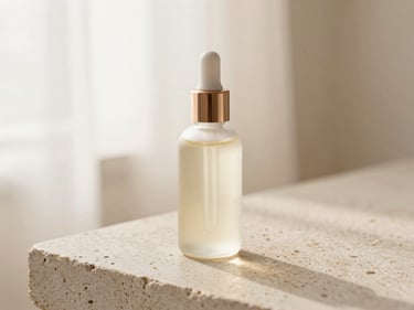 Dropper bottle of hair oil on textured stone, soft morning light, cream and blush tones, shallow depth of field