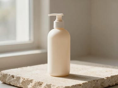 Minimalist shampoo bottle on textured stone, soft morning light, cream and blush tones, shallow depth of field
