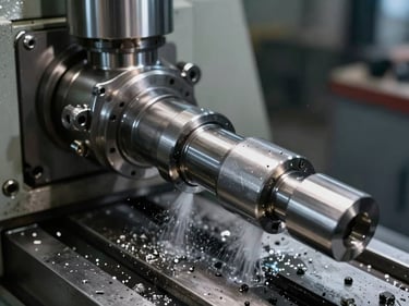 Close-up of a heavy-duty CNC lathe precision machining a steel axle spindle, metallic shavings, cooling fluid spray, industrial lighting.